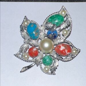 Sarah Coventry Silver Leaf Brooch with Multicolor Stones
